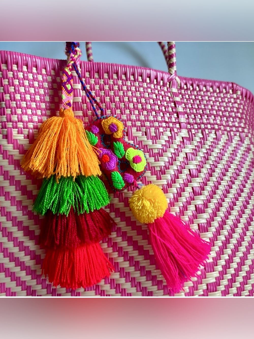 Pink Woven Tote with Colorful Tassels